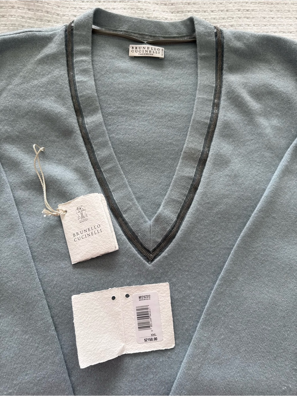 Brunello Cucinelli Women's V-Neck Sweater in Soft Blue with monili V neck Trim
